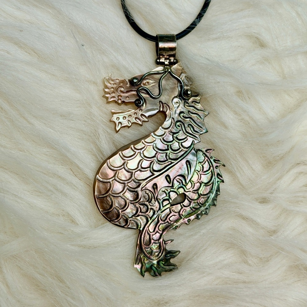 Vintage Dragon Pendant Necklace - Handcrafted Mother of Pearl